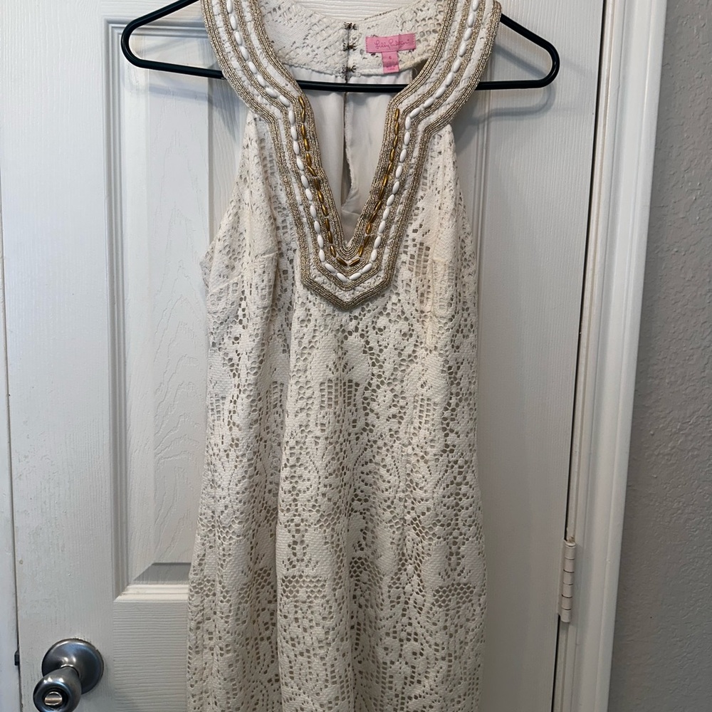 Elegant White Lace Dress with Gold Accents